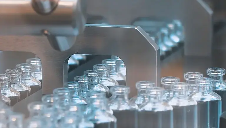 Pharmaceutical production line, crammed with empty glass vials running through a stainless steel machine  