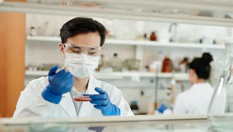 Two scientists in a lab, one the background and the one in the foreground adding material to a petri dish.