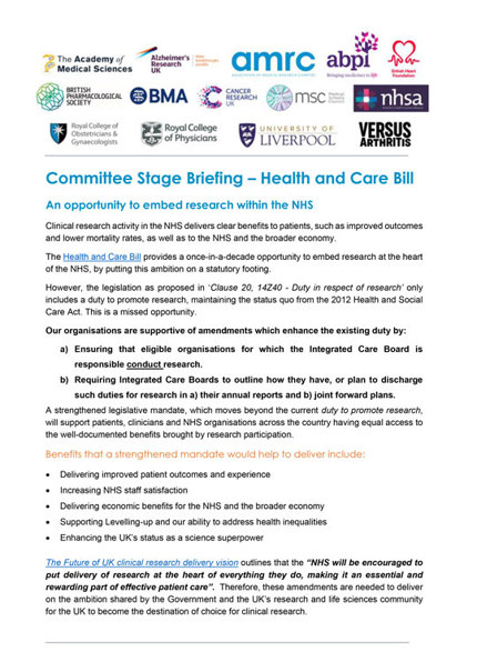 Embedding Research in the NHS - Cross sector Health and Care Bill Committee Stage briefing - House of Lords