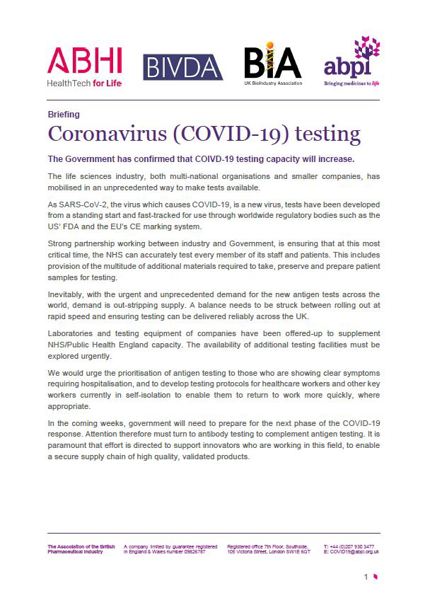 Briefing: Coronavirus (COVID-19) testing