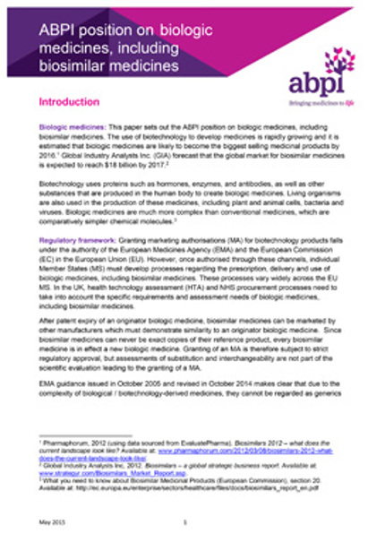 ABPI position on biosimilar medicines