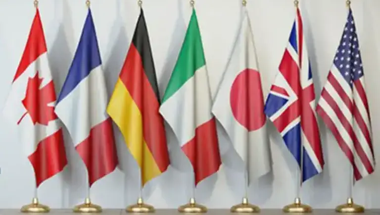 National flags of the G7 group; Canada, France, Germany, Italy, Japan, the United Kingdom and the United States.