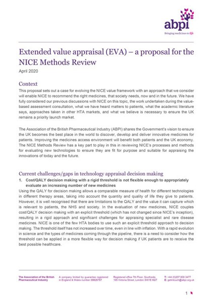 Extended value appraisal (EVA) – a proposal for the NICE Methods Review