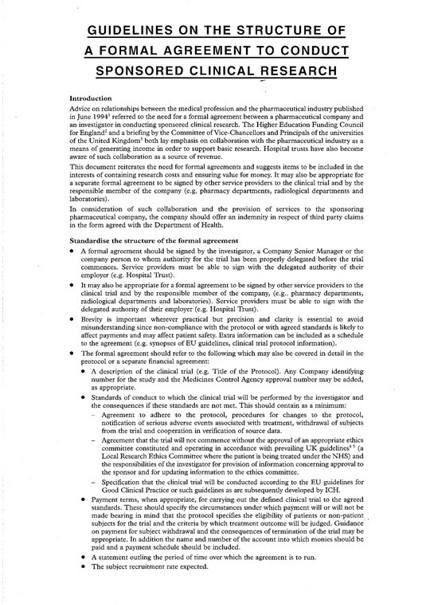 Structure of a formal agreement to conduct sponsored clinical research