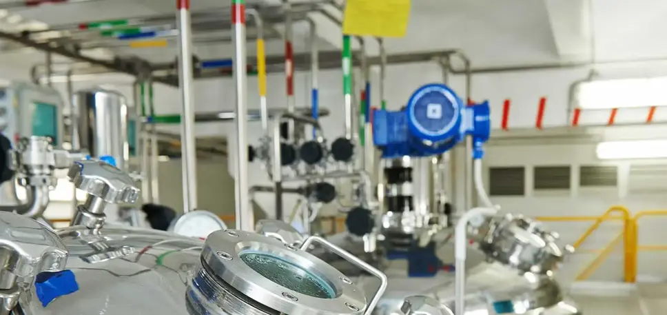 Scientist in the background, with huge stainless steel vats in the foreground