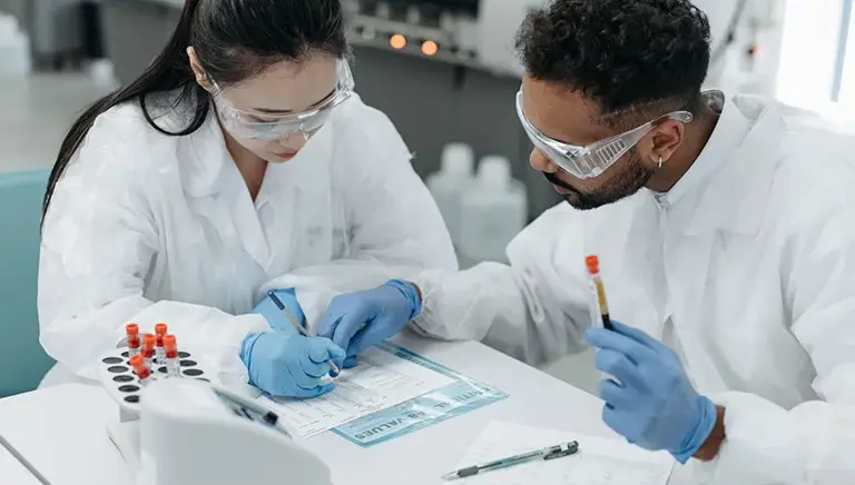 Two scientists are double checking a list while reviewing a set of blood vials