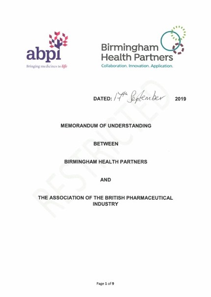 Memorandum of Understanding (MoU) between Birmingham Health Partners and ABPI
