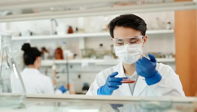Two scientists in a lab, one the background and the one in the foreground adding material to a petri dish.
