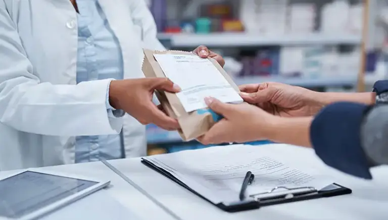 Close up of the hands of a pharmacists handing over a bagged prescription to a patient