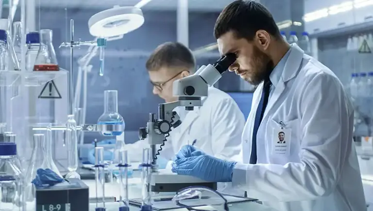 Two males scientists stand working at a lab bench, one looking into a microscope while the other in the background writes his notes. 