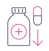 Pill bottle with decrease arrow and clock icon