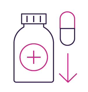 Medicine bottle and pill icon with decrease arrow