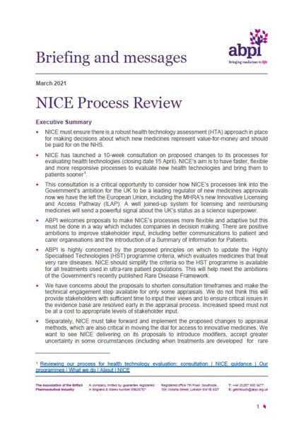 NICE Process Review: Briefing and key messages