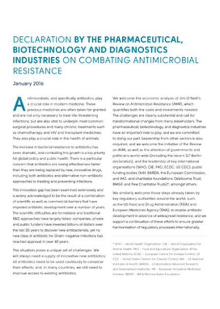 Declaration by the pharmaceutical, biotechnology, and diagnostics industries on combating antimicrobial resistance