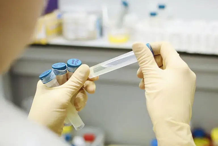 Close up the hands of a scientist examining a set of vials