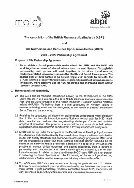 Northern Ireland Medicines Optimisation Centre Partnership Agreement with the ABPI (2020-2025)
