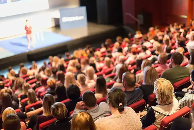 View from the back of packed auditorium with looking towards the speaker on the stage below 