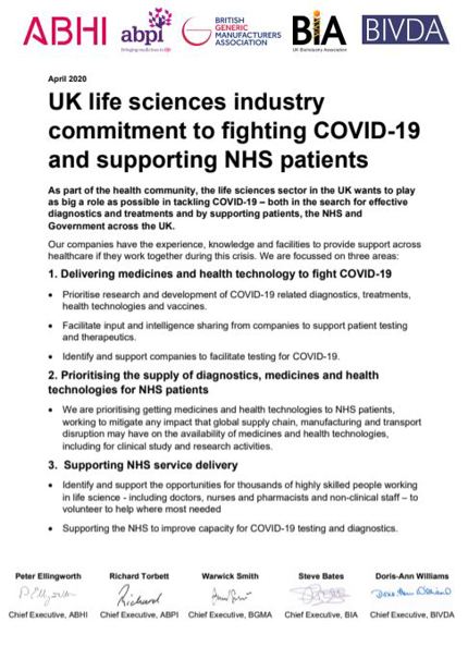 UK life sciences industry commitment to fighting COVID-19 and supporting NHS patients