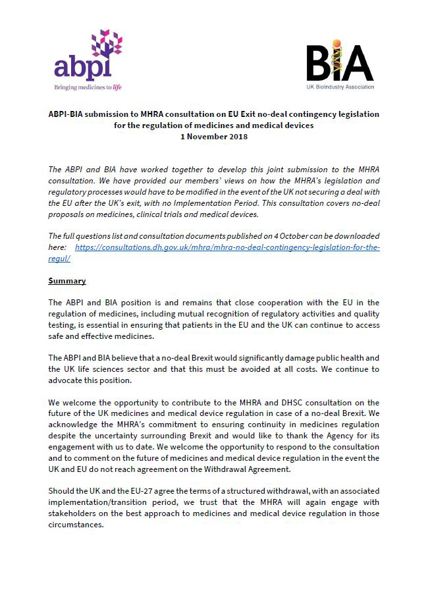 ABPI-BIA submission to MHRA consultation on EU Exit 'no deal' contingency legislation for the regulation of medicines and medical devices