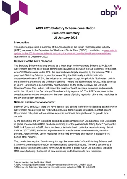 ABPI Statutory Scheme consultation response executive summary - 31 January 2023