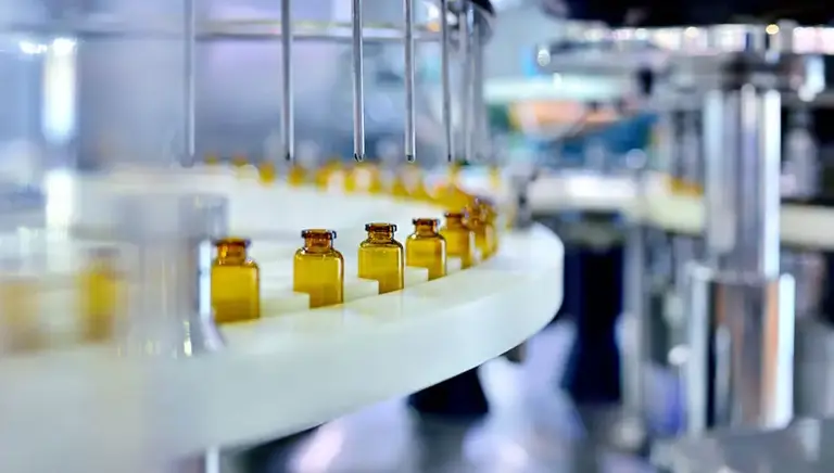 Close up of brown glass medicine bottles about to be filled while running on a factory production line  