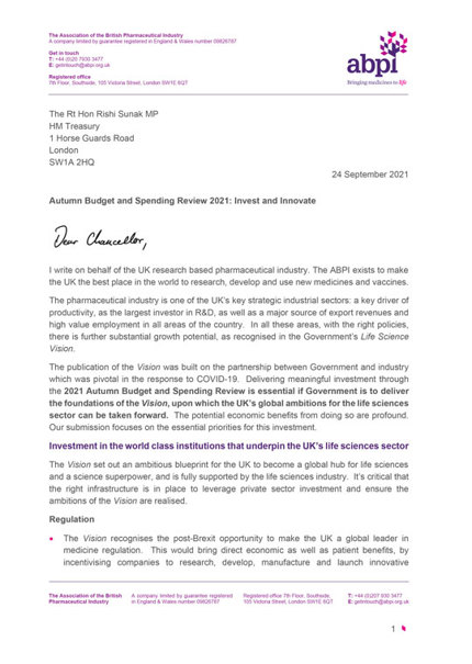 Autumn Budget and Spending Review 2021 submission and letter
